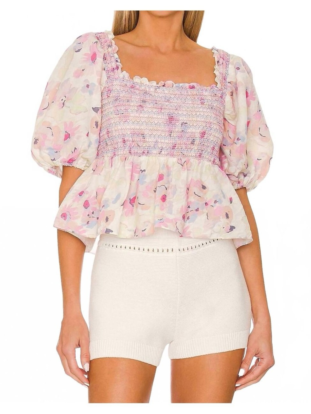 Anthropologie Something Navy Smocked Peplum Top | White Floral
